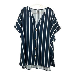 Emery Rose Button Down Short Sleeve Blouse Size 5XL, Blue with White Stripes